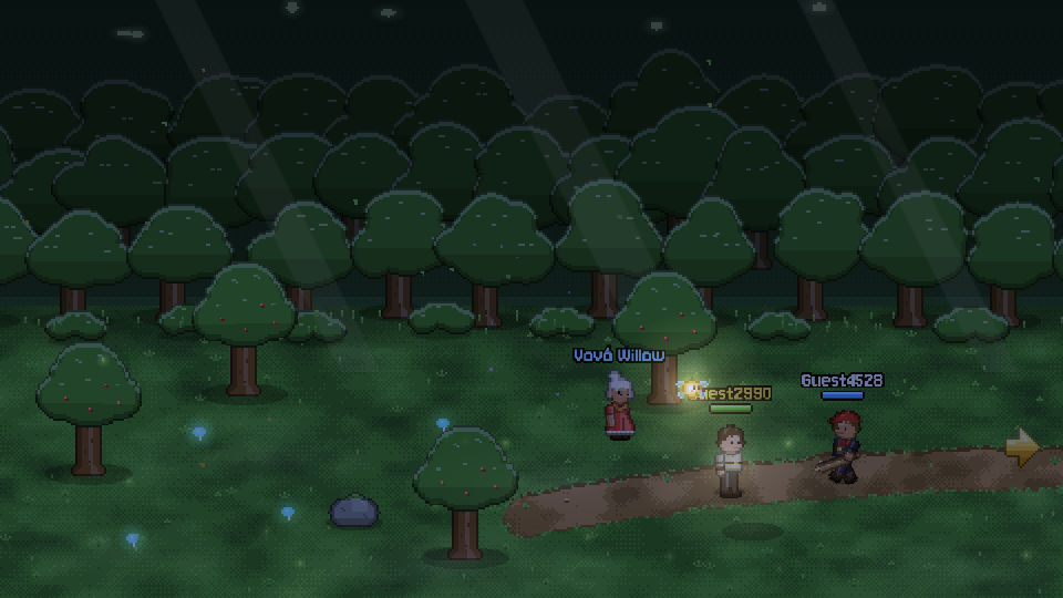 Two players with Granny Willow in Granny’s Grove at night