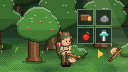 A hero with an axe next to an apple tree, with wood, stone, apple and mushroom in the backpack